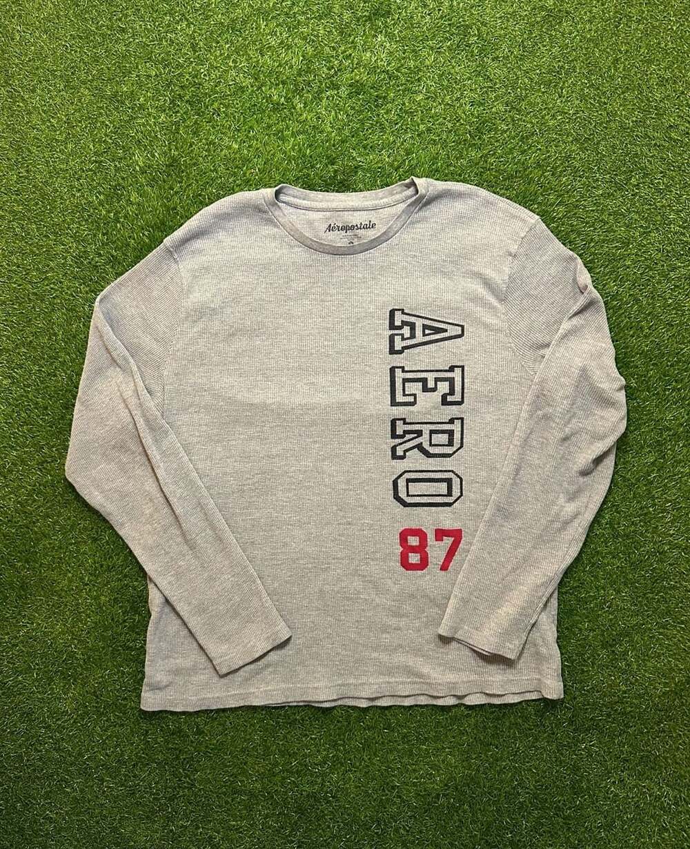 Aeropostale Long Sleeve Waffle Knit Thermal Graphic Shirt Gray